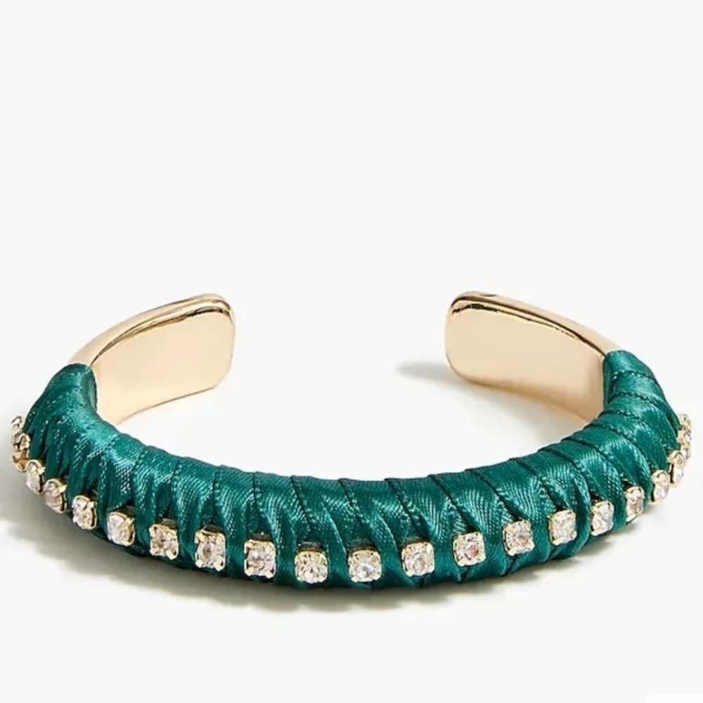 J. Crew Factory S/M Green Ribbon Wrapped Gold Toned Cuff Bracelet NWT